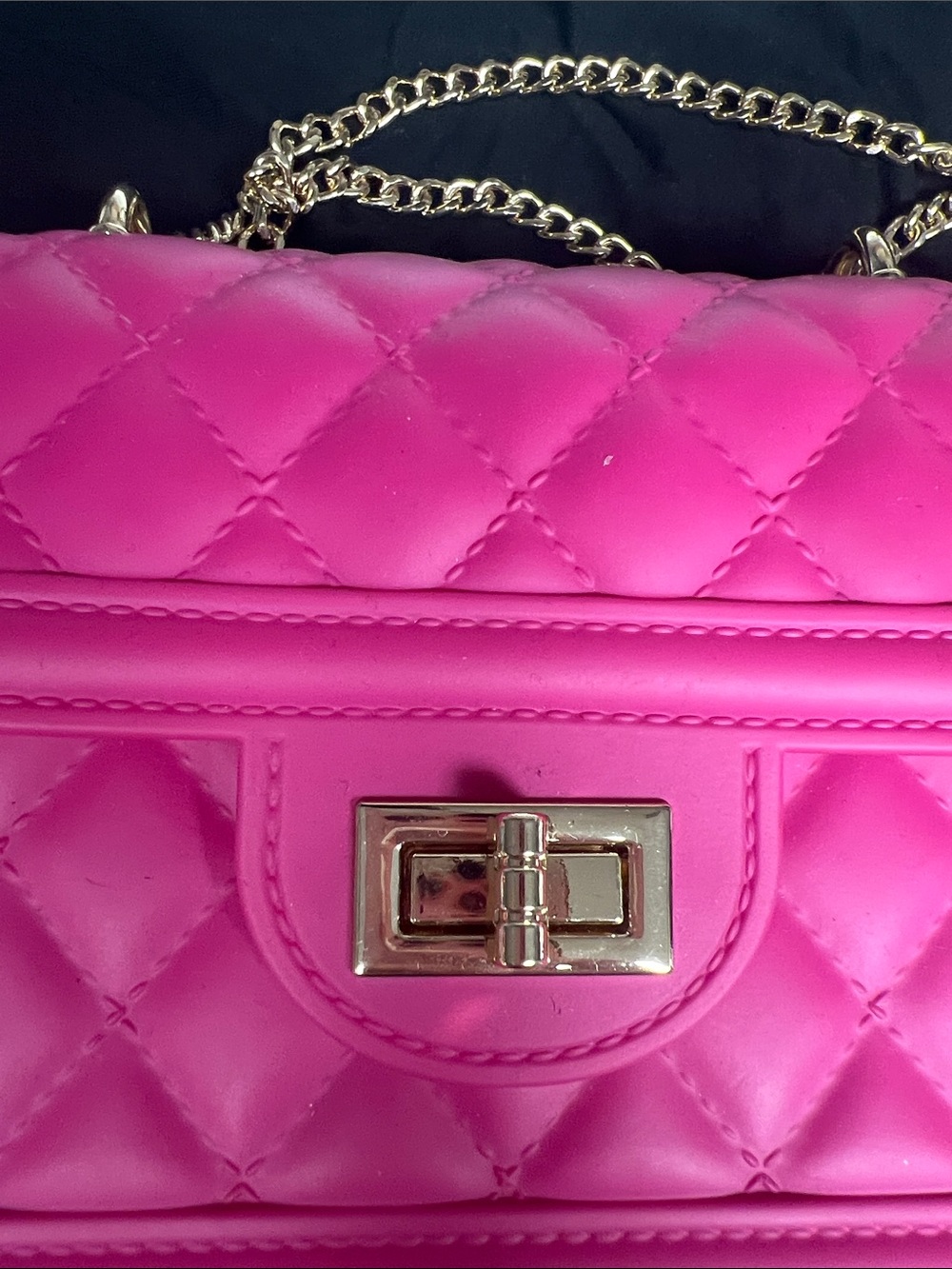 Quilted Look Plastic Hot Pink Chain Shoulder Bag - Picture 2 of 4